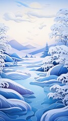 Fototapeta na wymiar Winter Mountain Stream Lake Paper Cut Phone Wallpaper Background Illustration