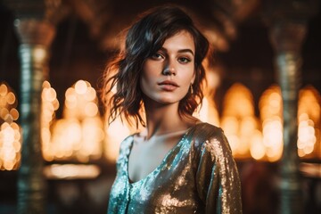 Fototapeta premium Lifestyle portrait photography of a blissful girl in his 20s wearing a glamorous sequin top at the angkor wat in siem reap cambodia. With generative AI technology