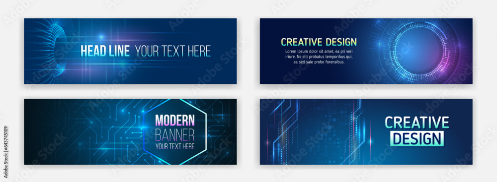 Sticker futuristic banner template set. modern hi-tech design for websites and social networks. technology, 