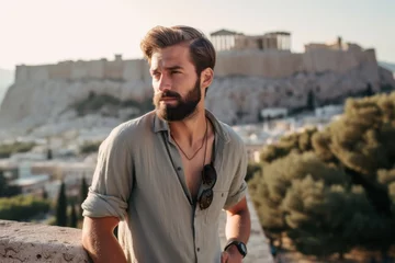 Peel and stick wall murals Athens Photography in the style of pensive portraiture of a grinning boy in his 30s wearing a bold statement necklace in front of the acropolis in athens greece. With generative AI technology