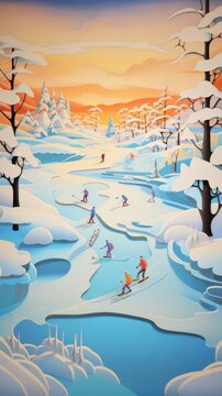 Winter Snowy Skiing Paper Cut Phone Wallpaper Background Illustration