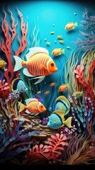 Fototapeta na wymiar Underwater Tropic Fish Paper Cut Phone Wallpaper Background Illustration