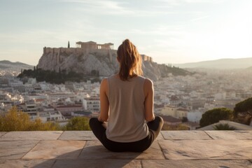 Medium shot portrait photography of a content girl in his 30s wearing a comfortable yoga top in front of the acropolis in athens greece. With generative AI technology - obrazy, fototapety, plakaty