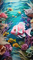 Obraz na płótnie Canvas Underwater Tropic Fish Paper Cut Phone Wallpaper Background Illustration