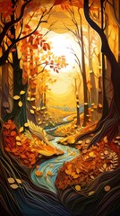 Forest Stream in the Authm Fall Woods Forest Paper Cut Phone Wallpaper Background Illustration