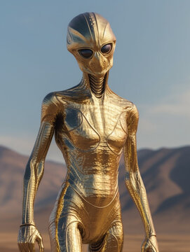 Science Fiction Golden Humanoid Alien Fantasy Illustration, Futuristic Costume