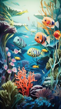 Underwater Tropic Fish Paper Cut Phone Wallpaper Background Illustration