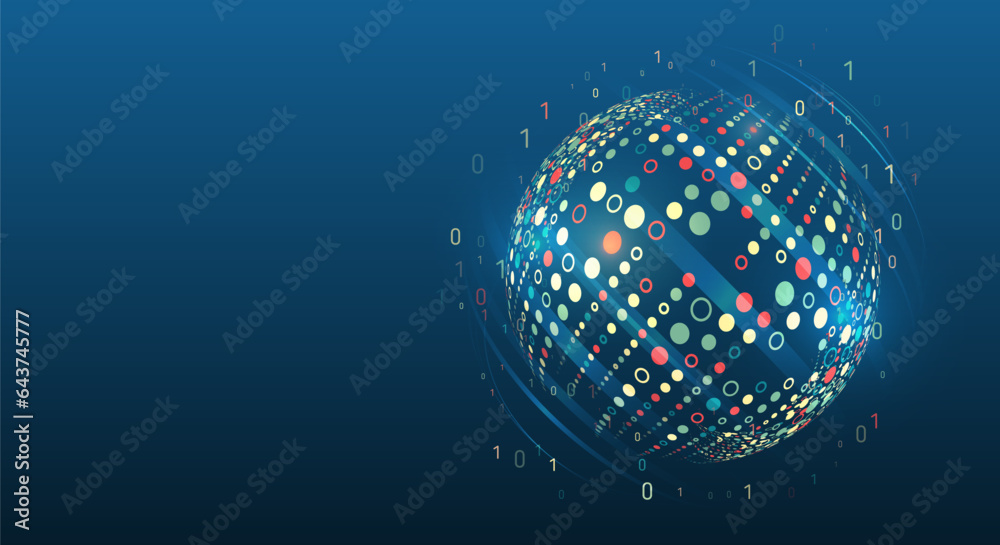 Poster Vector technology background. Big data visualization. Abstract stream information with circles array and binary code. Information analytics concept. Filtering machine algorithms. Sorting data.