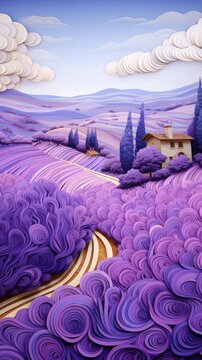 Purple Lavender Fields In Bloom Paper Cut Phone Wallpaper Background Illustration