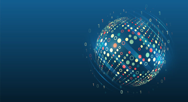Vector technology background. Big data visualization. Abstract stream information with circles array and binary code. Information analytics concept. Filtering machine algorithms. Sorting data.