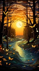 Fireflies at Twilight Paper Cut Phone Wallpaper Background Illustration