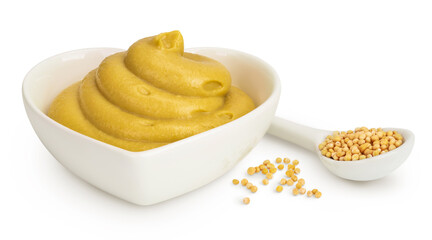 Mustard sauce in ceramic bowl with seed isolated on white background