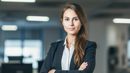 Portrait of smiling businesswoman standing posing in modern office. Happy confident young female employee or CEO look at camera.