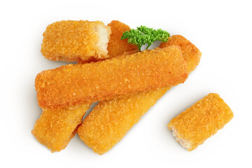 Fish finger or stick with parsley isolated on white background. Top view. Flat lay.