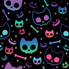 Halloween seamless pattern. Vector illustration of cat skull bones on a pink background. Vector cartoon seamless pattern.