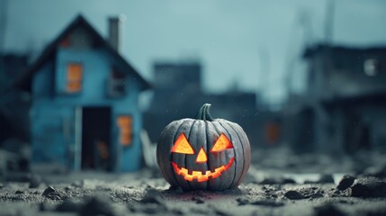 Halloween jack-o-lantern carved pumpkin head to frighten people, abandoned haunted houses in silent village, scary night, evil creepy face, candle lit illuminated - generative AI