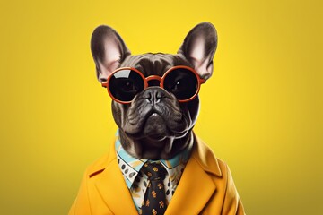 An illustration featuring a pug donning Sunglasses and a coat against a vibrant yellow gradient backdrop - obrazy, fototapety, plakaty
