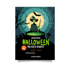 Halloween party invitation with a witch stirring a poition in cauldron in full moon
