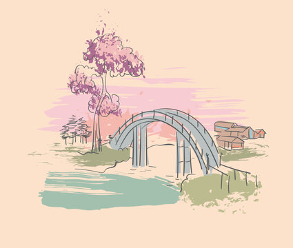 pink landscape brige japanese chinese traditional vector illustration card background colorful watercolor ink textured
