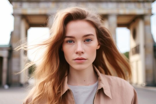 Close-up portrait photography of a blissful girl in her 20s wearing a delicate silk blouse in front of the brandenburg gate in berlin germany. With generative AI technology