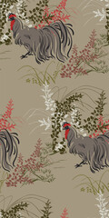 chicken cock rooster bird countryside japanese chinese traditional vector illustration card background seamless pattern colorful watercolor ink textured