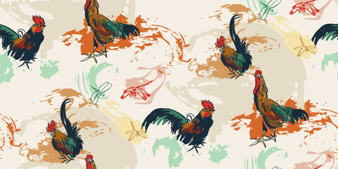 chicken cock rooster bird countryside japanese chinese traditional vector illustration card background seamless pattern colorful watercolor ink textured © CharlieNati