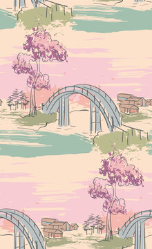 pink landscape brige japanese chinese traditional vector illustration card background seamless pattern colorful watercolor ink textured