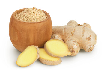 fresh ginger and ground ginger in wooden bowl spice isolated on white background