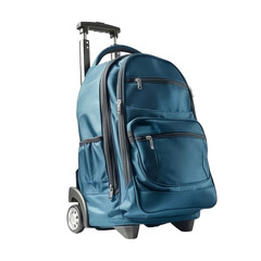 Blue color wheeled backpack isolated on transparent background. Concept of travel and outdoor.
