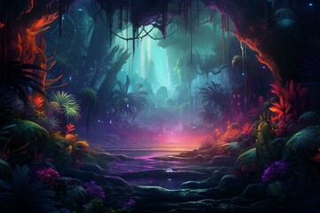 Fototapeta premium Illustration of an enigmatic jungle in vibrant neon light surrounded by thick mist. Generative AI