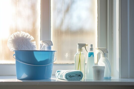 A white windowsill with a blue sponge, cleaning products, and a cleaning bucket. Generative AI