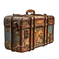 Rusted vintage 200 year old suitcase isolated on transparent background. Concept of history and heritage.