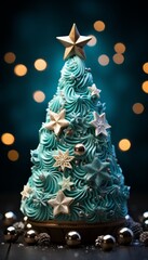 Delicious Creamy Christmas tree made of colored chocolates, sweet delicacies and desserts for the festive children's table. Created in AI.