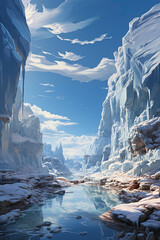 Frozen nature, ice cap glacier in the mountains. Mystic Valley winter epic landscape of mountains. Ice Mountain Fountain, 3D illustration, and digital paint.