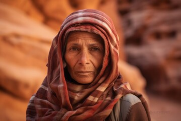 Close-up portrait photography of a jovial mature woman wearing a thermal insulation vest at the petra in maan jordan. With generative AI technology