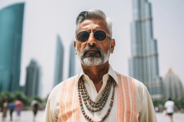 Lifestyle portrait photography of a glad mature man wearing a delicate necklace in front of the burj khalifa in dubai uae. With generative AI technology