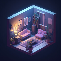 Isometric perspective 3D rendered Neon lighting Living room in Pixar style. 3D interior, low poly and flat colors