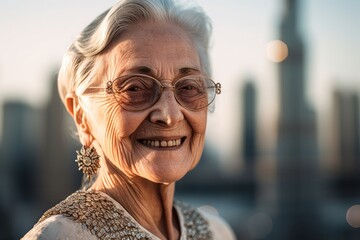 Close-up portrait photography of a satisfied mature woman wearing a sparkling brooch in front of the burj khalifa in dubai uae. With generative AI technology - obrazy, fototapety, plakaty