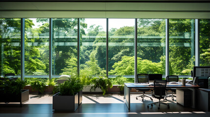 Sustainable Office Architecture: Moss Walls and Cascading Water Feature generative art
