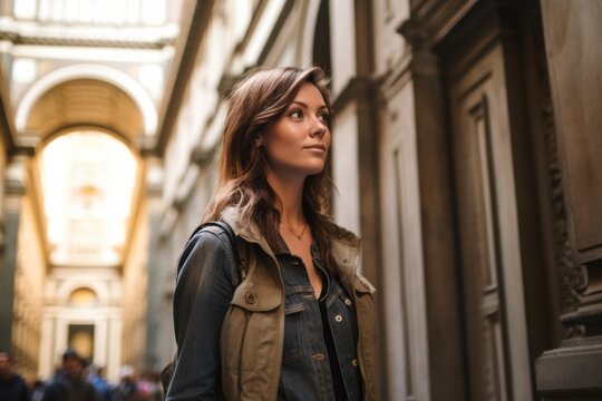Lifestyle portrait photography of a tender girl in her 30s wearing a rugged jean vest at the uffizi gallery in florence italy. With generative AI technology