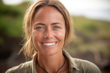 Headshot portrait photography of a happy girl in her 40s wearing a simple cotton shirt at the galapagos islands ecuador. With generative AI technology