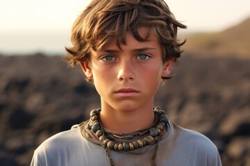 Close-up portrait photography of a content boy in his 30s wearing a dramatic choker necklace at the galapagos islands ecuador. With generative AI technology