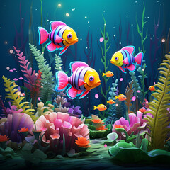 Fototapeta na wymiar Bright fishes and reef cartoon illustration 