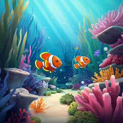Fototapeta na wymiar coral reef and fishes cartoon illustration 