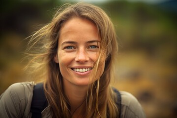Photography in the style of pensive portraiture of a grinning girl in her 30s wearing a lightweight base layer at the galapagos islands ecuador. With generative AI technology