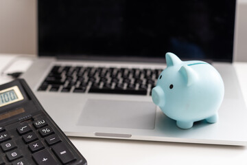 Piggy bank on laptop, , business