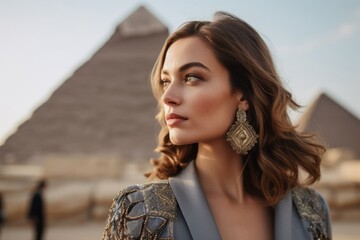 Medium shot portrait photography of a content girl in his 30s wearing an ornate brooch at the pyramids of giza egypt. With generative AI technology - obrazy, fototapety, plakaty