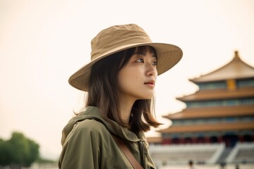 Medium shot portrait photography of a tender girl in her 20s wearing a practical bucket hat at the palace museum (forbidden city) in beijing china. With generative AI technology - obrazy, fototapety, plakaty