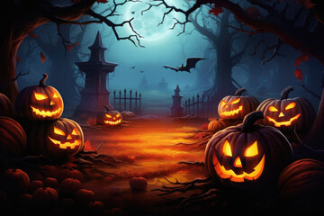 Halloween spooky background, scary jack o lantern pumpkins in creepy dark forest with bats, spooky trees, moon and old house Happy Haloween ghosts horror gothic mysterious night moonlight backdrop.