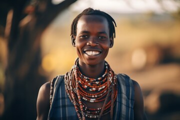 Medium shot portrait photography of a grinning boy in his 30s wearing a whimsical charm necklace at the serengeti national park tanzania. With generative AI technology - obrazy, fototapety, plakaty